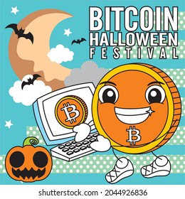 bitcoin cartoon halloween festival special edition vector illustration - background template stroke editable - business event