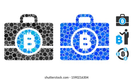 Bitcoin case composition of small circles in variable sizes and color tinges, based on Bitcoin case icon. Vector small circles are composed into blue composition.