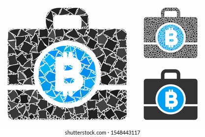 Bitcoin case composition of uneven parts in different sizes and shades, based on Bitcoin case icon. Vector raggy elements are organized into composition.