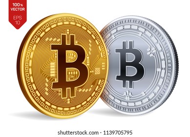 Bitcoin and Bitcoin Cash. 3D isometric Physical coins. Digital currency. Cryptocurrency. Golden and silver coins with Bitcoin Cash symbol and Bitcoin symbol isolated on white background. Vector