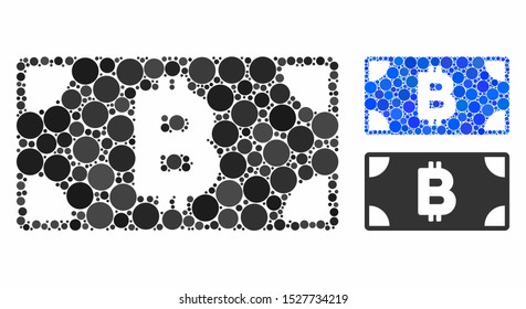 Bitcoin cash banknote composition of small circles in variable sizes and color hues, based on Bitcoin cash banknote icon. Vector random circles are combined into blue composition.