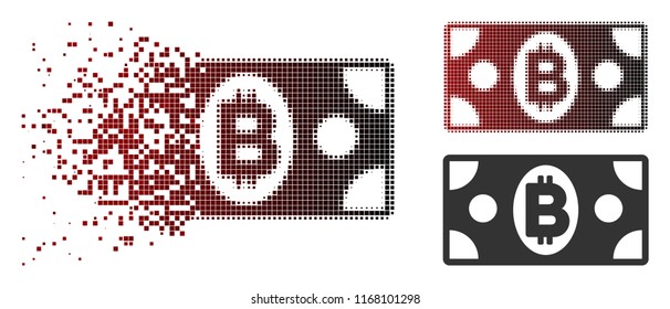 Bitcoin cash banknote icon in dispersed, pixelated halftone and undamaged solid versions. Particles are arranged into vector sparkle Bitcoin cash banknote icon.