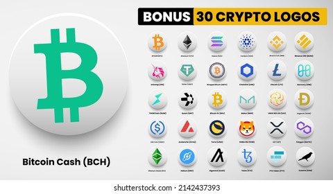 Bitcoin Cash BCH crypto logo symbols of cryptocurrency. Set of Bitcoin, Ethereum, Solana, Binance Coin, Binance USD, litecoin,avalanche, chainlink, maker, dogecoin, USD Coin, Shiba Inu, Polygon