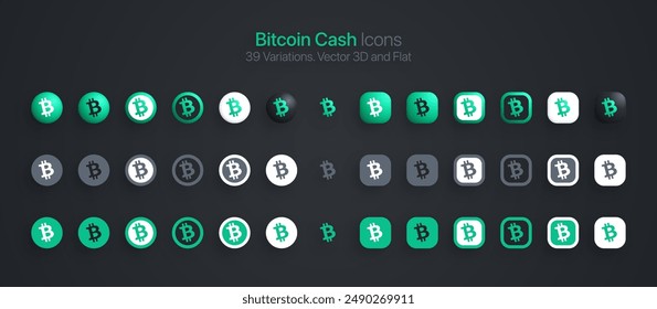 Bitcoin Cash BTH Crypto Currency Modern 3D And Flat Icons Set Vector Isolated On Dark Back. Blockchain Technology Cryptocurrency Coins Logo In Different Styles For Financial Exchange Digital Business