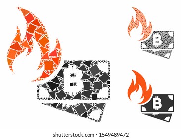 Bitcoin cash fire composition of uneven parts in variable sizes and color hues, based on Bitcoin cash fire icon. Vector rough parts are grouped into collage.