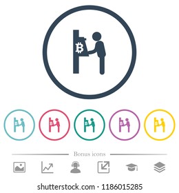 Bitcoin cash machine flat color icons in round outlines. 6 bonus icons included.