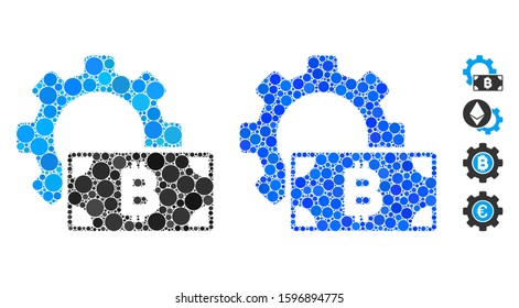 Bitcoin cash options gear composition of small circles in variable sizes and color hues, based on Bitcoin cash options gear icon. Vector random circles are combined into blue composition.