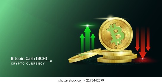 Bitcoin Cash token cryptocurrency banner. Future currency on blockchain stock market with red-green arrows up and down. Gold coins crypto currencies. Banner for news on a solid background. 3D Vector.