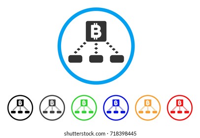 Bitcoin Cashout Scheme rounded icon. Style is a flat bitcoin cashout scheme grey symbol inside light blue circle with black, gray, green, blue, red, orange variants.