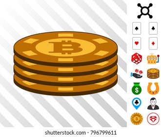 Bitcoin Casino Chip Column pictograph with bonus casino clip art. Vector illustration style is flat iconic symbols. Designed for gambling ui.