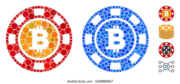 Bitcoin casino chip composition of filled circles in various sizes and color hues, based on Bitcoin casino chip icon. Vector filled circles are composed into blue composition.