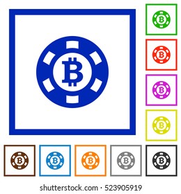 Bitcoin casino chip flat color icons in square frames
