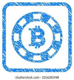 Bitcoin Casino Chip grainy textured icon inside rounded rectangle for overlay watermark stamps. Flat symbol with scratched texture.