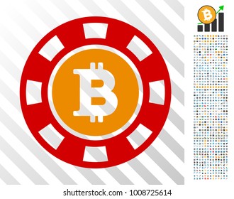 Bitcoin Casino Chip icon with 7 hundred bonus bitcoin mining and blockchain pictograms. Vector illustration style is flat iconic symbols designed for cryptocurrency apps.