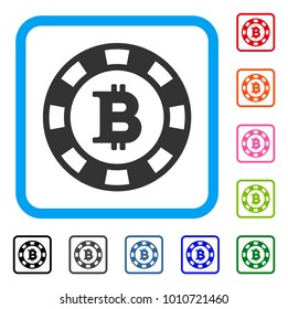 Bitcoin Casino Chip icon. Flat grey iconic symbol in a blue rounded square. Black, grey, green, blue, red, orange color versions of bitcoin casino chip vector. Designed for web and software UI.
