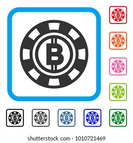 Bitcoin Casino Chip icon. Flat grey iconic symbol in a blue rounded rectangle. Black, grey, green, blue, red, pink color versions of bitcoin casino chip vector.
