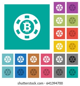 Bitcoin casino chip multi colored flat icons on plain square backgrounds. Included white and darker icon variations for hover or active effects.