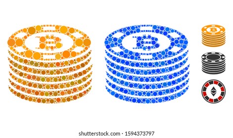 Bitcoin casino chips mosaic of filled circles in variable sizes and shades, based on Bitcoin casino chips icon. Vector filled circles are combined into blue mosaic.