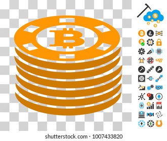 Bitcoin Casino Chips pictograph with bonus bitcoin mining and blockchain pictures. Vector illustration style is flat iconic symbols. Designed for bitcoin ui toolbars.