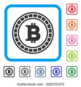 Bitcoin Casino Roulette icon. Flat gray pictogram symbol inside a blue rounded frame. Black, grey, green, blue, red, pink color versions of bitcoin casino roulette vector.