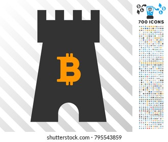 Bitcoin Castle Tower pictograph with 700 bonus bitcoin mining and blockchain design elements. Vector illustration style is flat iconic symbols design for crypto currency websites.