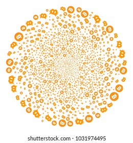 Bitcoin centrifugal stream. Object cyclone designed from scattered bitcoin symbols. Vector illustration style is flat iconic symbols.
