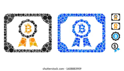 Bitcoin certificate composition of circle elements in variable sizes and shades, based on Bitcoin certificate icon. Vector circle elements are united into blue illustration.