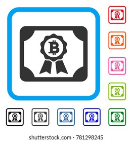 Bitcoin Certificate icon. Flat grey iconic symbol inside a blue rounded square. Black, gray, green, blue, red, orange color variants of Bitcoin Certificate vector. Designed for web and software UI.