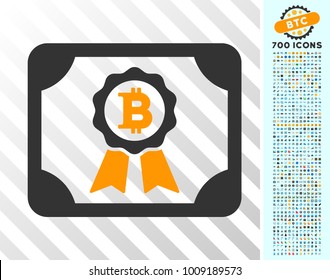 Bitcoin Certificate pictograph with 700 bonus bitcoin mining and blockchain icons. Vector illustration style is flat iconic symbols designed for blockchain software.