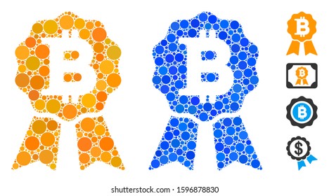 Bitcoin certificate seal composition of round dots in variable sizes and color tinges, based on Bitcoin certificate seal icon. Vector round dots are composed into blue composition.