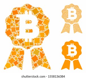 Bitcoin certificate seal composition of unequal elements in different sizes and color tones, based on Bitcoin certificate seal icon. Vector tremulant elements are united into collage.