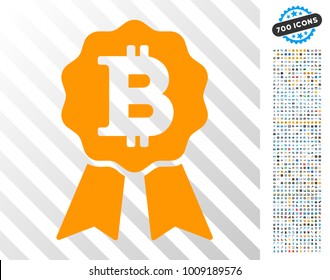 Bitcoin Certificate Seal icon with 700 bonus bitcoin mining and blockchain graphic icons. Vector illustration style is flat iconic symbols designed for crypto-currency apps.