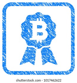 Bitcoin Certificate Seal rubber seal stamp watermark. Icon vector symbol with grunge design and corrosion texture in rounded frame. Scratched blue emblem on a white background.