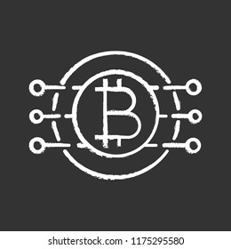 Bitcoin chalk icon. Virtual currency. Online banking. Bitcoin payment. Contour symbol. Microchip pathways with coin inside. Isolated vector chalkboard illustration