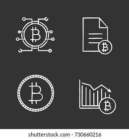 Bitcoin chalk icons set. Cryptocurrency. Bitcoin document, falling, payment. Isolated vector chalkboard illustrations