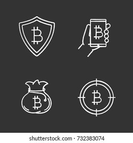 Bitcoin chalk icons set. Cryptocurrency. Safe payments, digital wallet, money bag, searching for bitcoin. Isolated vector chalkboard illustrations