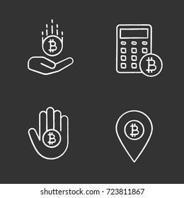 Bitcoin chalk icons set. Bitcoin payments, ATM location, calculations. Isolated vector chalkboard illustrations