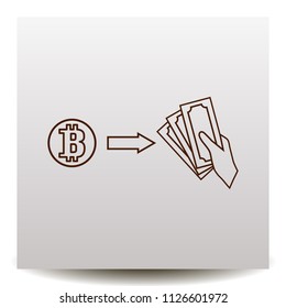 Bitcoin change to money line vector icon on a realistic paper background with shadow. Illustration in Flat design style. Image suitable for cryptomoney business