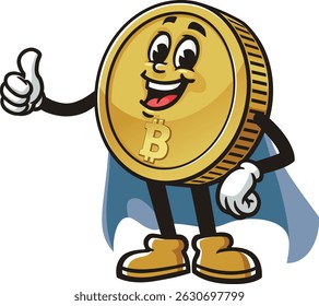 Bitcoin character cartoon in caped superhero style
