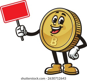 Bitcoin character cartoon holding a blank sign board