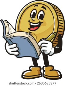 Bitcoin character cartoon holding a book
