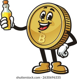 Bitcoin character cartoon holding a bottle of oil