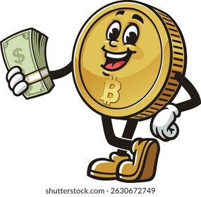Bitcoin character cartoon holding cash