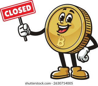 Bitcoin character cartoon holding a closed sign