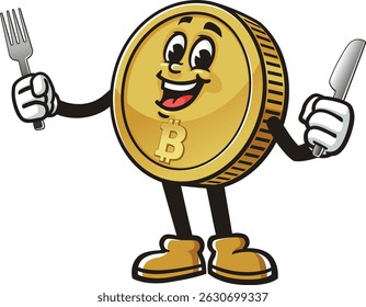 Bitcoin character cartoon holding fork and knife