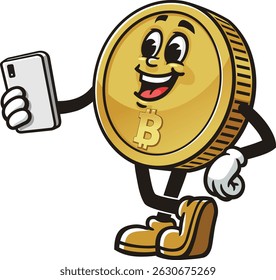 Bitcoin character cartoon holding gadget