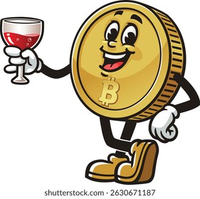 Bitcoin character cartoon holding a glass of drink