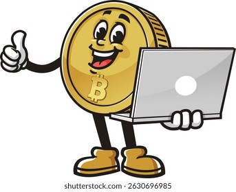 Bitcoin character cartoon holding a laptop