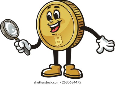 Bitcoin character cartoon holding a magnifying glass