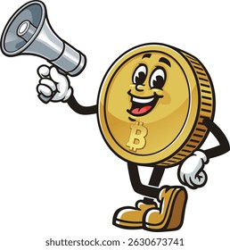 Bitcoin character cartoon holding a megaphone
